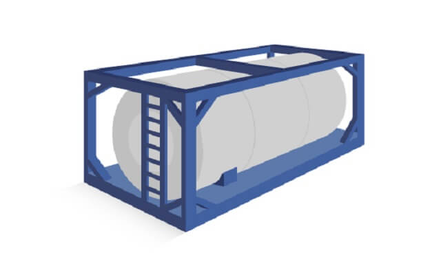 タンクコンテナ：液状のコンテナ輸送に用いられるコンテナ