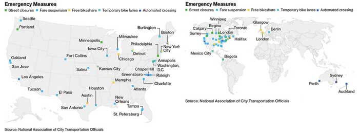 図2：先進的な新型コロナ対策が行われている世界の主要都市（左：米国、右：世界）...ザ・トラック