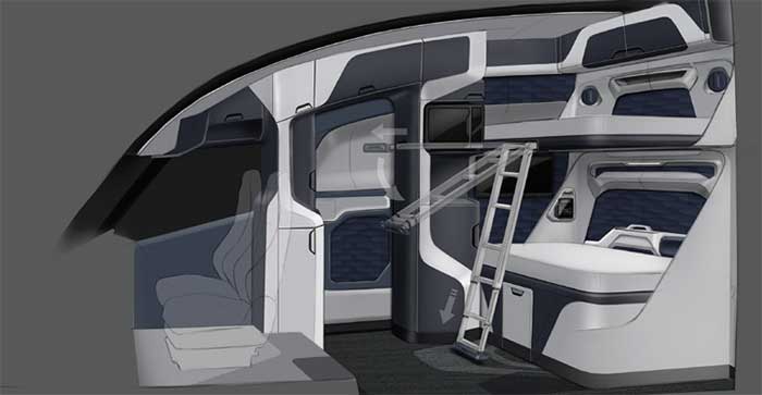 キャブオーバー型デザインとしたのは、長距離運行用にも耐える航続距離から従来のディーゼル車同様に大陸間横断運行にも利用出来るこの車が、これま での車では出来なかった一体構造の優れた居住性を提供できることもこの車の〝ウリ〟としている。彼の地の長距離運航車のドライバーは夫婦単位も珍しい ことではない、従来車では箱形の居住区をキャブ後部に付け足すような造りだったが、この車は一体型でもベッドは〝フルサイズ〟を謳っている...ザ・トラック