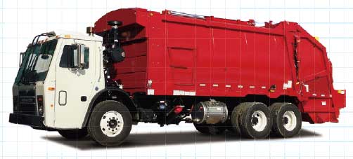 リアローダー式ゴミ収集車の例（EZ Pack社製）。圧縮機能は無い（シャシはMACK車）...ザ・トラック